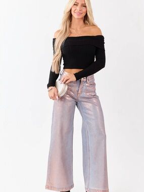 Saige Wide Leg Metallic Pink Jeans for Women - Shimmery Pink Wide-Leg Jeans. 1XL